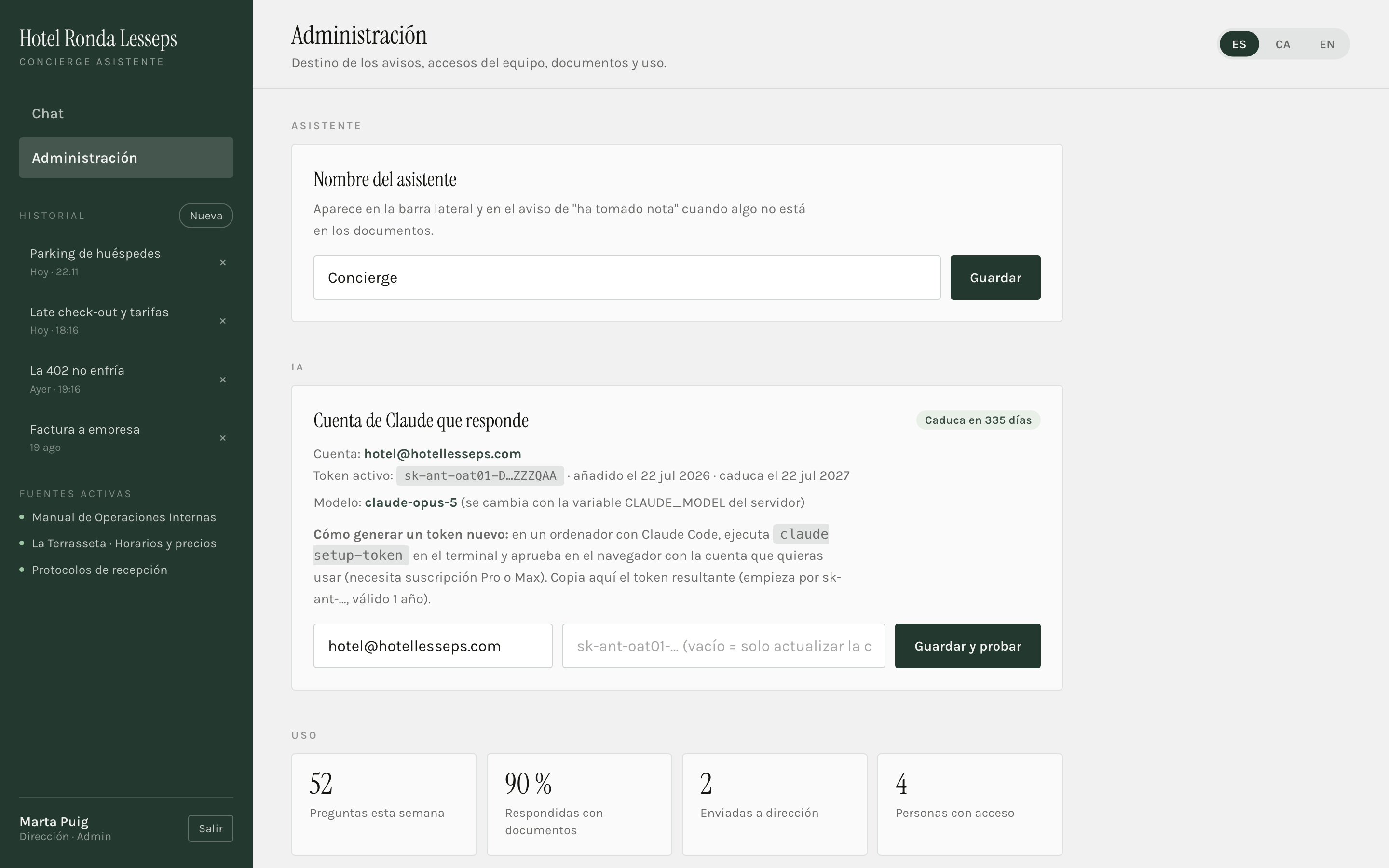 Pantalla de administración