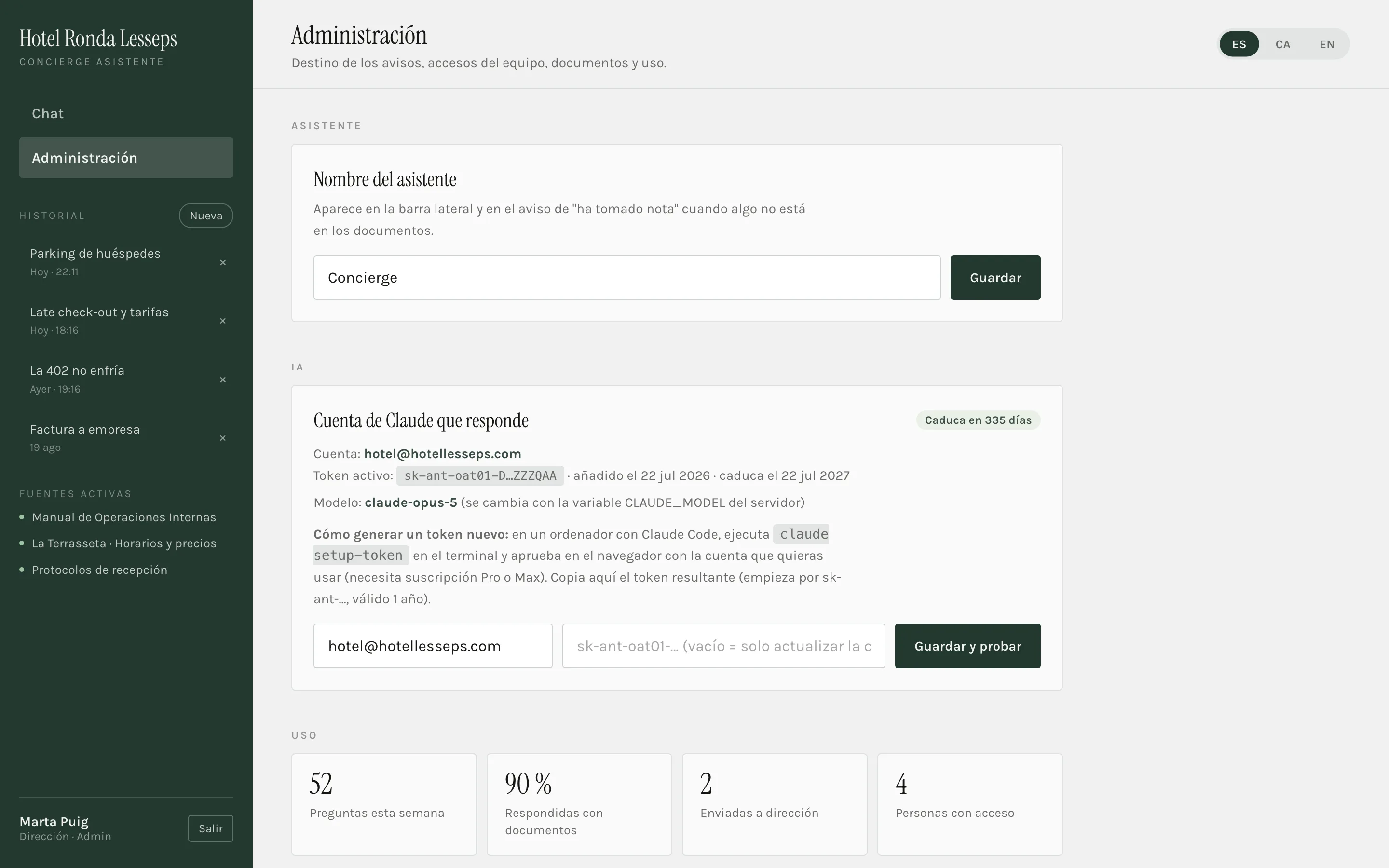Pantalla de administración: documentos, avisos y huecos sin respuesta