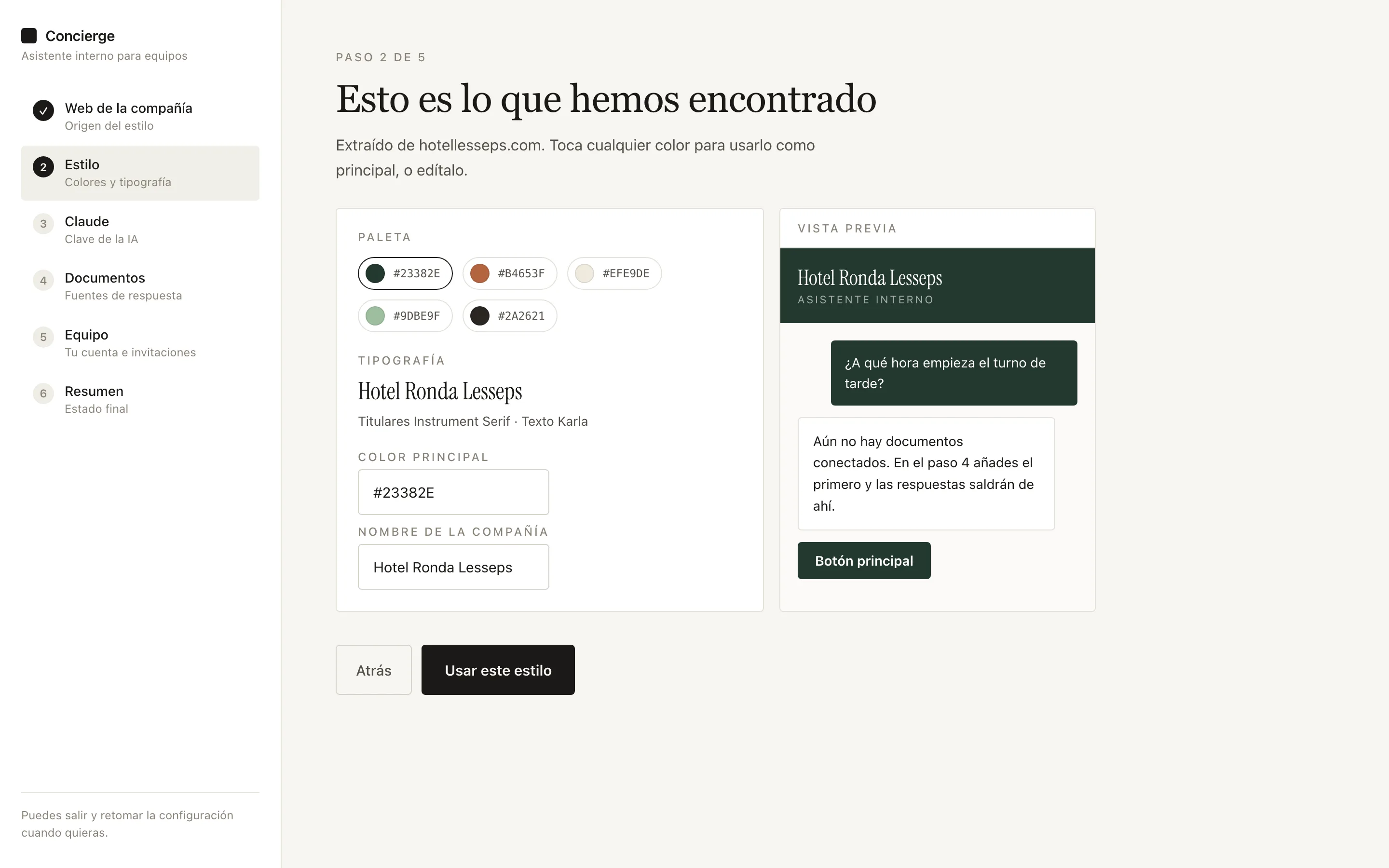Paso de estilo del alta: paleta y tipografía extraídas de la web