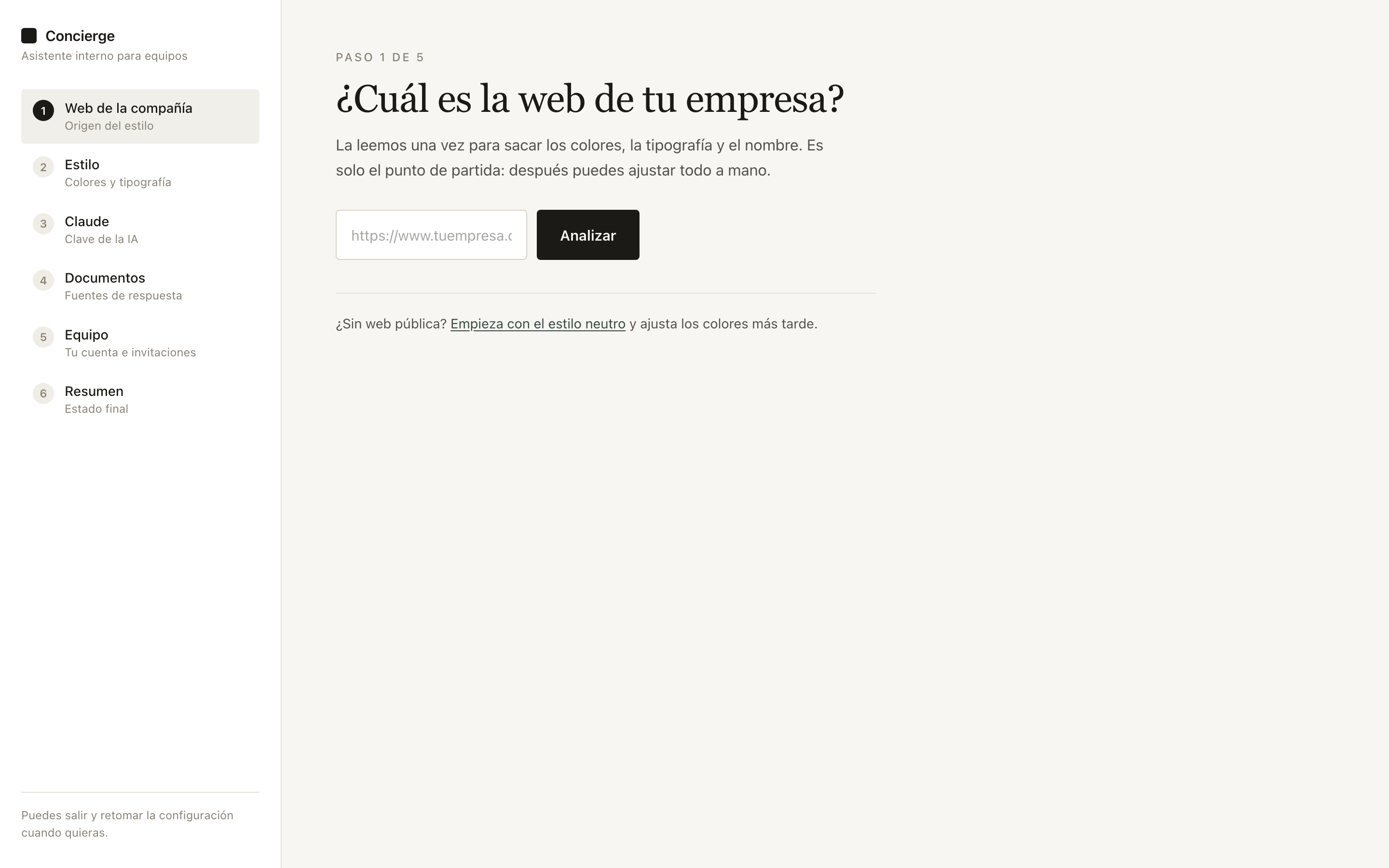 Primer paso del alta: la web de la compañía