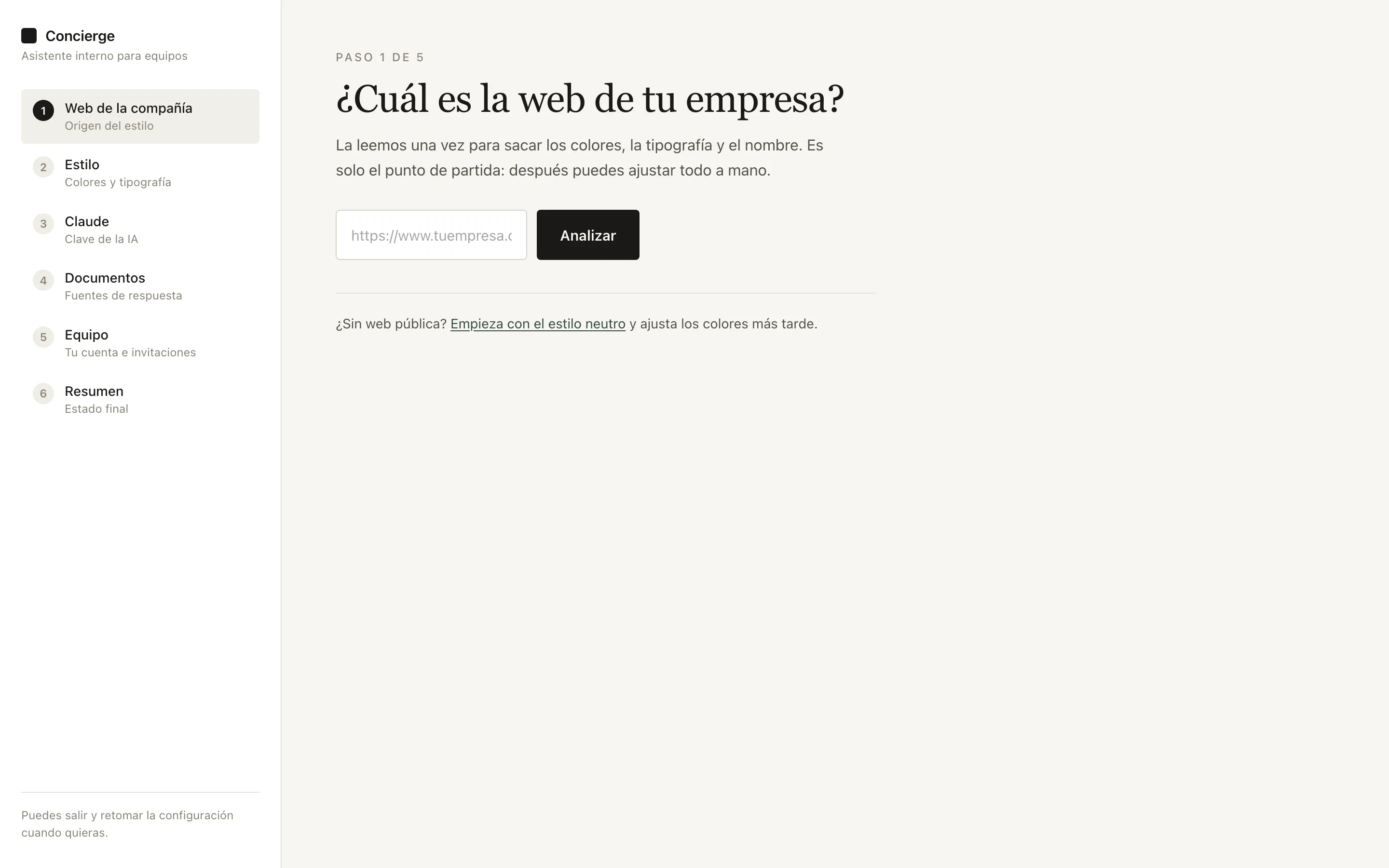 Primer paso del alta: la web de la compañía